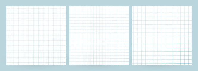 Blank Grid Paper Background Set With Blue Lines For Math, School, Notes, Design Projects. Clean Empty Template Collection On Light Background. Vector Illustration.