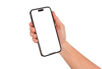 Hand showing smartphone with blank screen isolated. High quality studio shot. Concept for technology, business, finance and advertising.	
