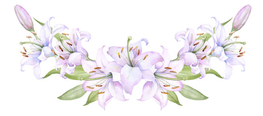 Bouquet white lilies, pink lilies, flowers and buds watercolor flower arrangement