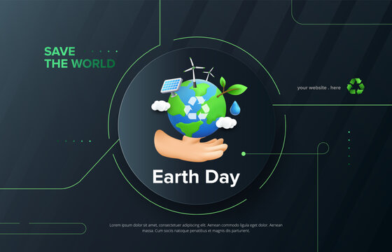 3D earth day concept design with hand holding green eco earth. Save the planet design template. Vector illustration.