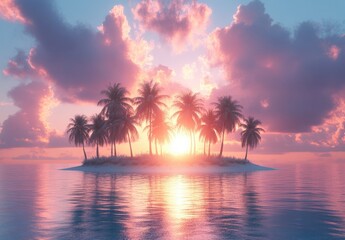 Breathtaking Tropical Island at Sunrise with Palm Trees and Reflections on Calm Water