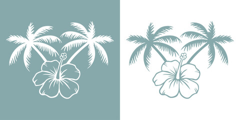 Logo vacaciones en Hawái. Silueta de flor de hibisco con palmas cruzadas  © teracreonte