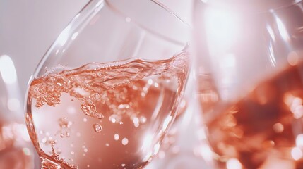 Close-up of sparkling ros&eacute; wine in a glass, showcasing bubbles and reflections. Perfect for celebrations and elegant occasions.