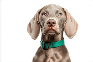 A Weimaraner puppy in a classic hunting pose, with soft gray fur and a green collar, isolated on a clean white background