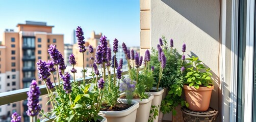 Modern apartment balcony with vertical herb garden; lavender, sage, mint thrive,  urban gardening,  home decor
