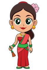 An anime-style girl in a traditional red and green outfit with a pink flower in her hair, holding a green-handled duster, against a white background.