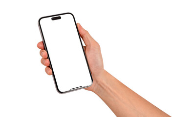 Hand showing smartphone with blank screen isolated. High quality studio shot. Concept for technology, business, finance and advertising.	
