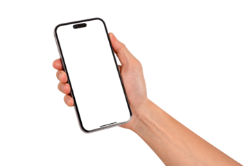 Hand showing smartphone with blank screen isolated. High quality studio shot. Concept for technology, business, finance and advertising.	
