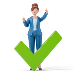 A woman stands with a thumbs-up gesture next to a large checkmark, symbolizing approval and success. 3D rendering, conceptual image. Isolated on white background.