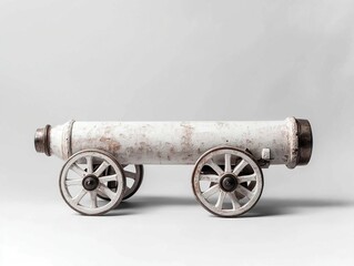 Antique white cannon miniature, a historical artifact with aged paint and wooden wheels on a simple background.
