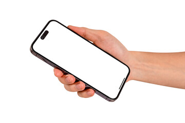 Hand showing smartphone with blank screen isolated. High quality studio shot. Concept for technology, business, finance and advertising.	

