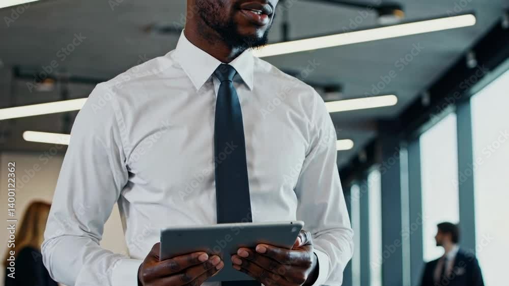 Poster confident businessman working on digital tablet, navigating business strategy with wireless device w