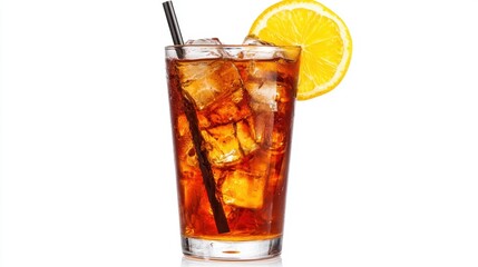 Refreshing iced tea with lemon slice and straw in glass on white background studio shot beverage
