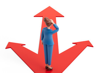 A woman stands at a crossroads, scratching his head, symbolizing decision-making. 3D rendering, conceptual image. Isolated on white background.