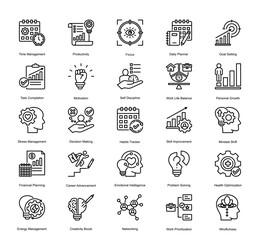 Capture the essence of structured living with this well-rounded icon collection on planning, productivity, and wellness.