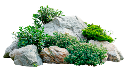 Green plants growing on grey rocks isolated on transparent background.

