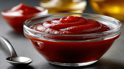 Deliciously smooth tomato condiment displayed in a glass bowl with metal spoon nearby, showcasing vibrant red color and perfect consistency for dipping at lunchtime