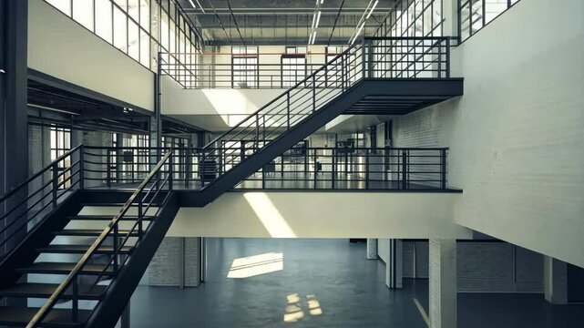 Open office interior showcasing modern design elements, featuring staircases, mezzanine levels and ample natural lighting from windows.