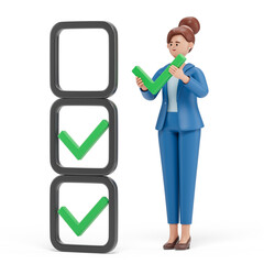 A woman holds a green checkmark, symbolizing approval or completion. 3D rendering, conceptual image. Isolated on white background.
