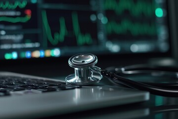 Stethoscope rests on a laptop, with medical data displayed on the screen. Focus on diagnostic technology.