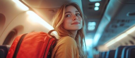 Girl with backpack looking out the window of the bus, dreamily looking into the distance. Suitable for topics about traveling, education and youth.