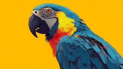 Obraz premium Vibrant parrot on yellow, a captivating display of tropical colors in nature photography