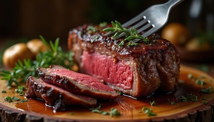 Chuck roast steak slow-roasted and carved showing tender meat pulling apart effortlessly, served on wooden board with fresh herbs and roasted garlic cloves