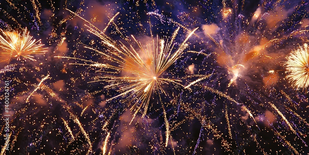 Poster vibrant fireworks exploding in night sky creating festive atmosphere