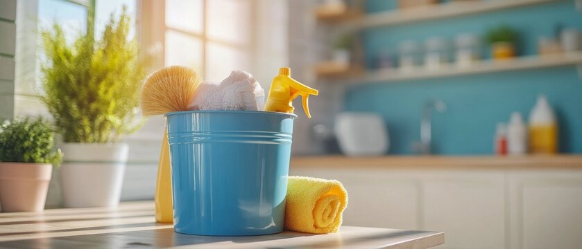 Clean blue bucket with cleaning supplies on the background of a cozy kitchen, symbolizing cleaning and order. Suitable for blogs about home, cleaning tips, advertising of household chemicals.