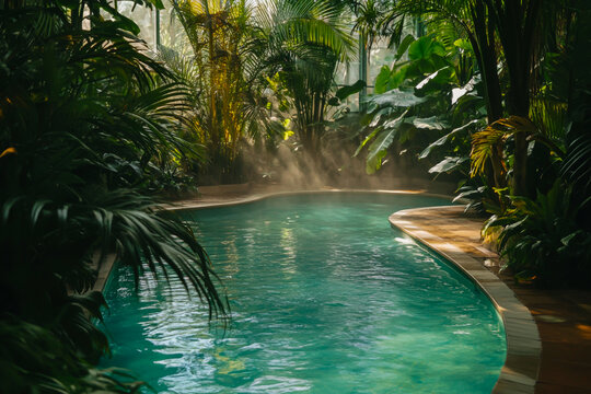 A high-resolution image of a luxurious indoor pool located in the heart of the jungle, surrounded by lush green, tropical foliage and vibrant exotic plants, - Powered by Adobe