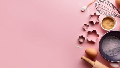 Obraz premium Banner made with baking ingredients and cooking utensil with copy space on pink background. Template for your cooking design. Top view Flat lay Copy space. Generated image