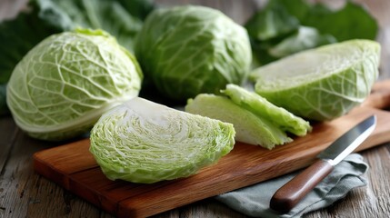 A vibrant scene featuring freshly cut green cabbage resting on a wooden board, accompanied by a sharp knife and a backdrop of lush leafy greens, all illuminated beautifully in natural light
