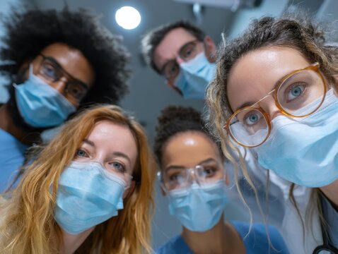A team of diverse healthcare workers, wearing face masks and PPE, huddle together in a moment of solidarity