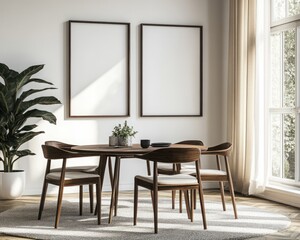 Modern dining room with wooden table and empty frames, bright space with natural light and potted plant