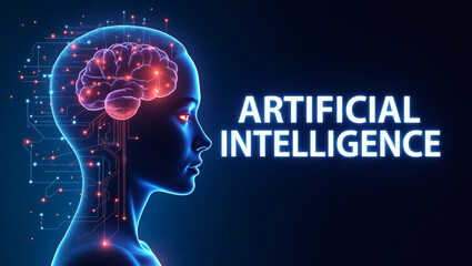 Obraz premium A futuristic digital illustration of a human head in profile view, glowing in blue light against a dark background. The brain area is filled with illuminated circuit board patterns and connected nodes