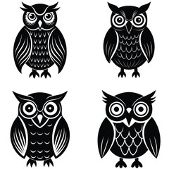 Cute cartoon owl vector set, brown eyes on a branch