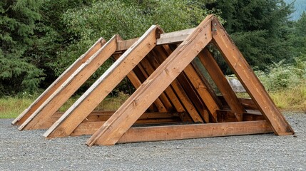 Fototapeta premium A-frame knockdown cabin parts laid on gravel, showing structural joints and trusses