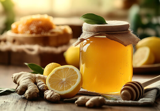 Golden honey in a jar with fresh lemons and ginger root on a rustic wooden table a natural remedy for wellness and health