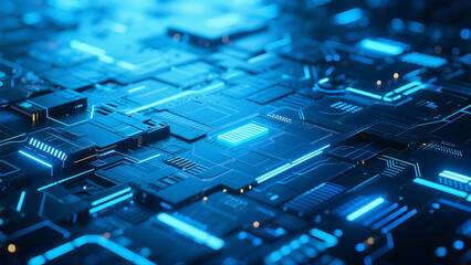 Blue Tech Circuit Board Background with Glowing Data Network Lines and Futuristic Geometric Patterns, Digital Innovation Design for AI Technology, Cybersecurity Interfaces