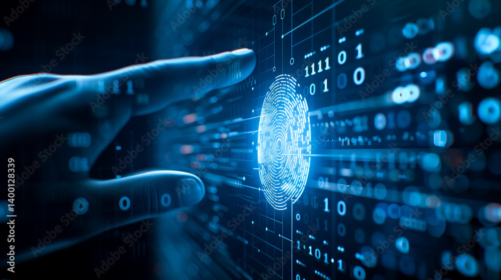 Poster digital fingerprint authentication: a futuristic digital image showcasing the precise moment of fing