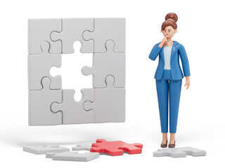 A woman contemplates a partially completed puzzle, symbolizing problem-solving or strategy. 3D rendering, conceptual image. Isolated on white background.