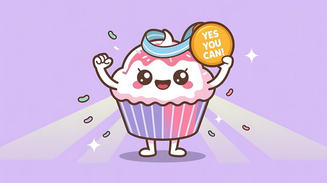 A cheerful cupcake character celebrates victory, holding a 'Yes You Can!' medal, symbolizing achievement and motivation.