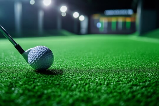 Golf ball and club on a green driving range at night