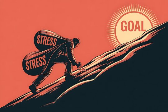 Man struggles uphill, burdened by stress, striving towards a distant goal.