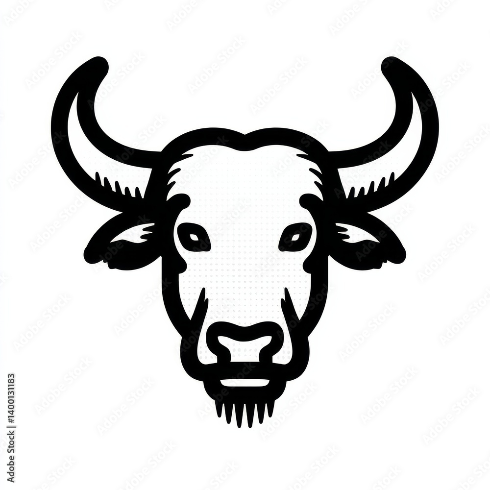 Poster black and white bull illustration: a bold and minimalist design with curved horns and distinct featu