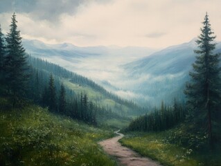Obraz premium Serene Mountain Trail Through Verdant Forest Landscape Oil Painting Capturing Misty Peaks and Natural Beauty in a Tranquil Wilderness Setting