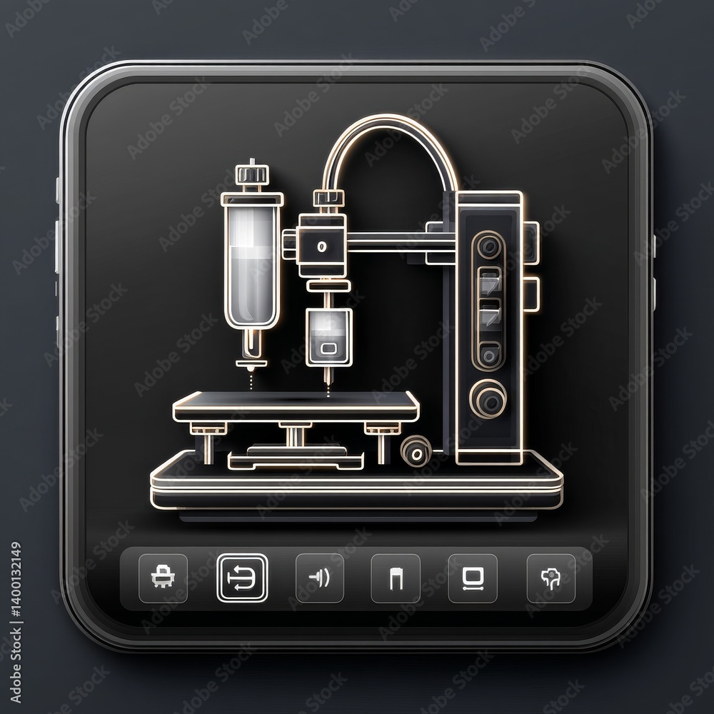 Poster futuristic 3d printer icon on sleek black app interface - modern technology and manufacturing design