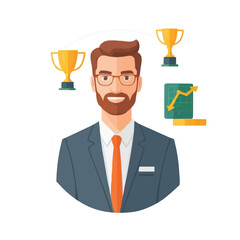 Smiling businessman in suit holding trophy representing career success achievement recognition in professional business leadership and corporate excellence