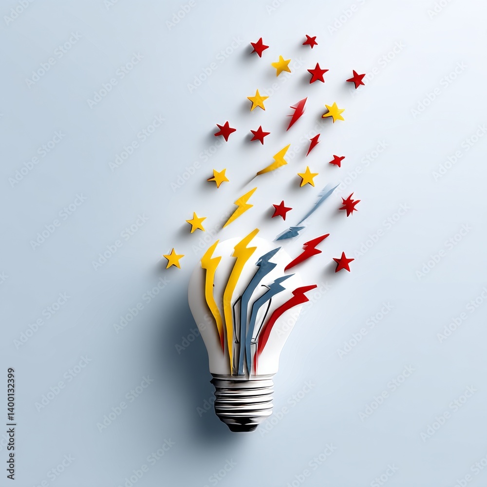 Poster Igniting Creativity: A Lightbulb Unleashing Colorful Sparks and Stars, Symbolizing Innovation and Brilliant Ideas on a Soft Background.