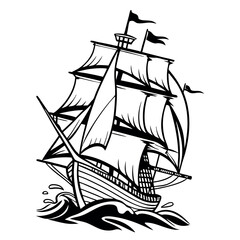 Ship Sailing in Sea with Waves Isolated on White Background in Black and White